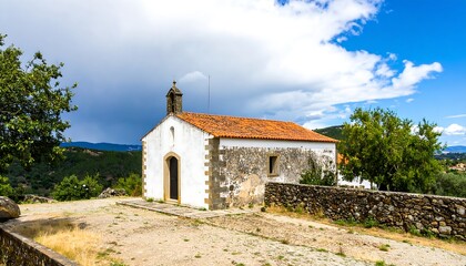 Rustic stone chapel on hilltop, scenic landscape
