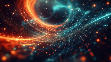 Abstract Futuristic Technology Wallpaper with Orange Blue Vortex of Glowing Particles Stars, 3D Rendering