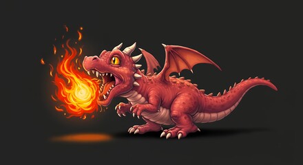 Illustration of a red dragon breathing fire against a dark background