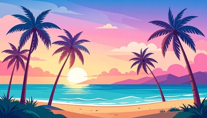 Obraz premium Vector tropical beach sunset with palm trees and ocean in pastel retro tones 