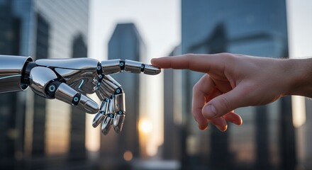 Close up of human and robot hands touching against blurred cityscape, concept for artificial intelligence solutions, robotics advancements and technological integration