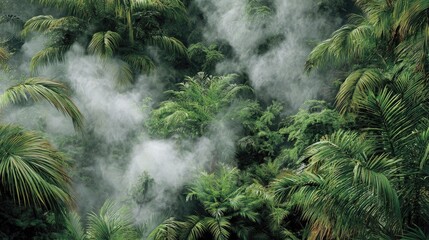 Obraz premium Lush Green Tropical Rainforest with Misty Atmosphere and Dense Foliage Surrounding Tropical Plants