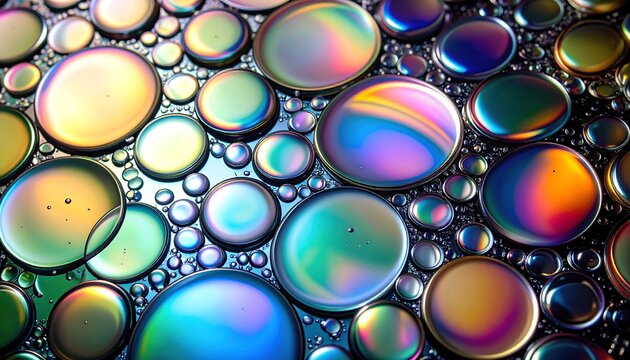 Colorful iridescent circles on dark background