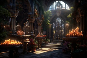 Dark gothic decor, vases, chandeliers, textured fabrics against the wall, a wooden table in a luxurious royal Victorian style, burning candles in old lanterns
