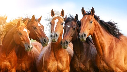 Group of horses in a field under sunlight