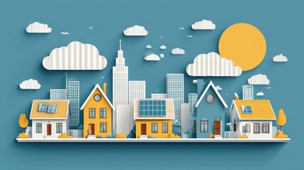 Colorful Paper Art Cityscape with Modern Buildings, Clouds, Sun, and Houses in a Vibrant, Minimalistic Style