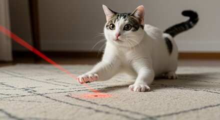 White cat playing with a red laser pointer on patterned rug