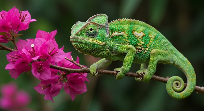 Vibrant chameleon perched on branch with pink flowers against a green background - Powered by Adobe