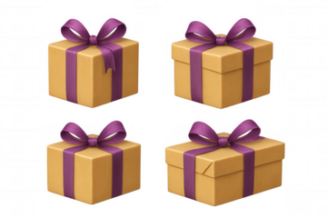 Golden gift boxes with purple ribbon bows celebrating birthdays, holidays, or special occasion surprises