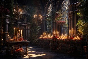 Dark gothic decor, vases, chandeliers, textured fabrics against the wall, a wooden table in a luxurious royal Victorian style, burning candles in old lanterns