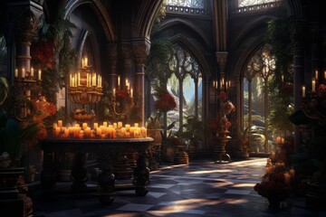 Dark gothic decor, vases, chandeliers, textured fabrics against the wall, a wooden table in a luxurious royal Victorian style, burning candles in old lanterns