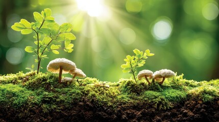 Obraz premium Serene Forest Scene with Mushrooms and Green Leaves Illuminated by Soft Sunlight in a Natural Setting