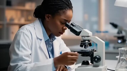 Focused Black Female Scientist Actively Examining Samples Under Microscope.