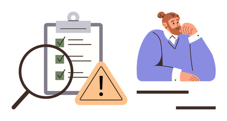 Thoughtful person analyzing tasks on checklist with magnifying glass and warning sign. Ideal for planning, project management, workflow review, risk assessment, quality control, productivity