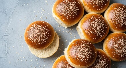 Top view of freshly baked golden brown hamburger buns with white sesame seeds on a light grey textured surface, ready for delicious burgers or sandwiches.