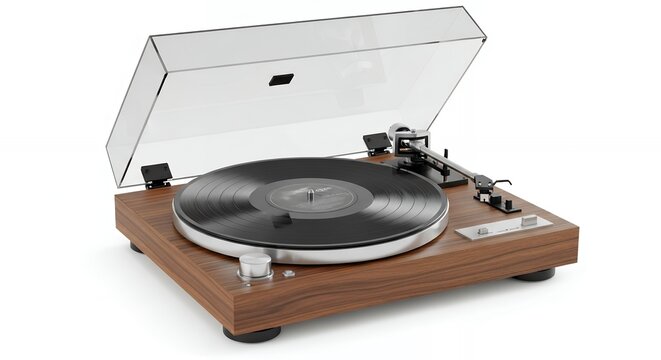 Close-up of a modern walnut turntable with a vinyl record playing and a clear cover. Concept for retro music systems, audio equipment promotion and vintage technology displays - Powered by Adobe