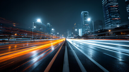 Fototapeta premium Shiny Night Street with Fast Light Trails and Neon Glow – Blurred Traffic Effect with Energy Flash and Urban Motion, Ideal for City Transport and Highway Design