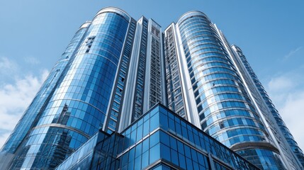 Fototapeta premium Modern high-rise building with glass facade against a clear blue sky showcasing architectural design and urban aesthetics
