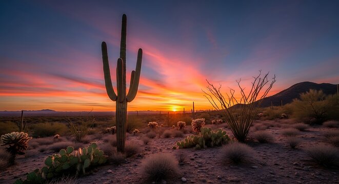 Desert sunset with saguaro cactus and ocotillo plants