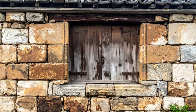 Rustic stone wall with small wooden window - Powered by Adobe