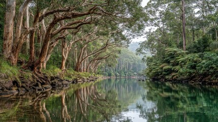 Serene Landscape of a Tranquil River Surrounded by Lush Greenery and Majestic Trees in a Peaceful Wilderness Setting