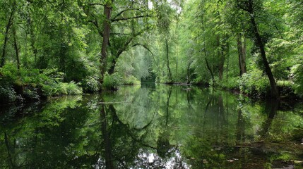 Serene Forest Scene with Calm Water Reflecting Lush Green Trees and Overhanging Branches in a Tranquil Natural Setting