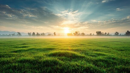 Obraz premium Serene Landscape at Sunrise Over Lush Green Field with Morning Fog and Warm Sunlight Breaking Through the Clouds