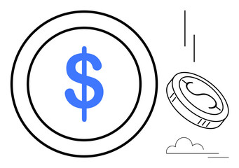 Blue dollar sign on a large coin with another falling coin, motion lines, and clouds. Ideal for finance, economy, investment, wealth, savings business banking themes. Minimalist flat metaphor