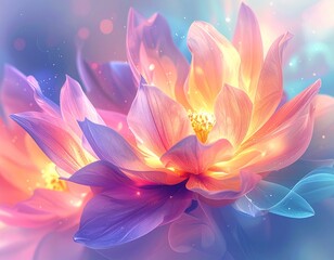 Radiant lotus flowers unfurl with an ethereal glow, illuminating a mystical, dreamlike setting with vibrant colors and serene light, symbolizing spiritual beauty and tranquility