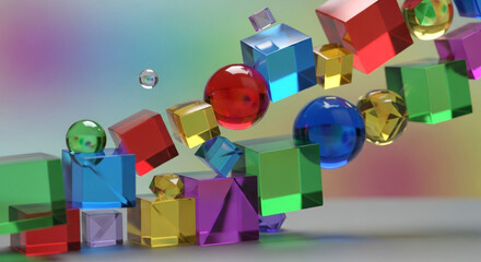 Colorful cubes and spheres in a dynamic arrangement, creating a vibrant and playful composition with a sense of movement and energy, abstract design