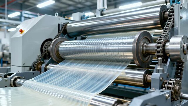 Plastic film production machine industrial roller transparent sheet factory manufacturing technology shiny precise modern equipment, precision