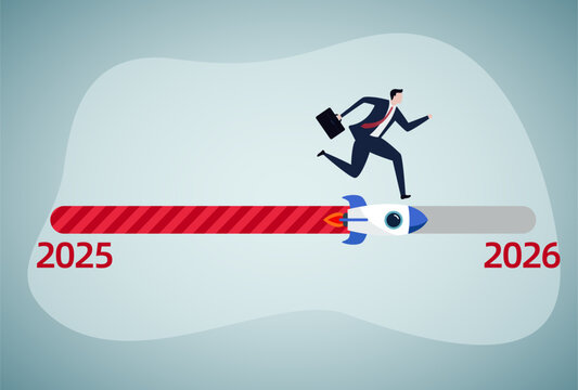 A businessman is propelled forward on a rocket, transitioning from "2025" to "2026" on a progress bar, symbolizing accelerated progress and advancement into the new year.