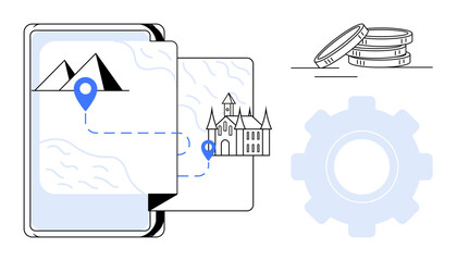 Tablet outlines map with markers to mountains and castle, coins stack, gear. Ideal for travel, tourism, planning, goals, optimization discovery adventure. Clean design captures simple flat metaphor