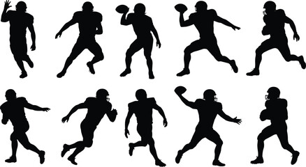 American football player silhouettes in dynamic action poses with helmet and uniform for sports vector illustration, training, and design content