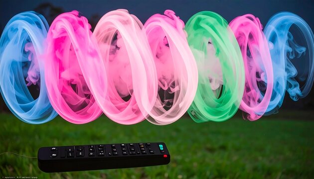 Colorful light trails over a TV remote