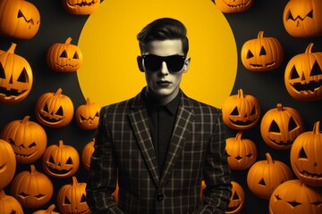 Serious handsome man wearing sunglasses is standing near by many pumpkins decor, magic all around