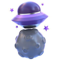 Moon With UFO 3D Icon &mdash; Space Extraterrestrial Scene, Alien Spaceship Over Moon, Futuristic Sci-Fi Relic, Cosmic Mystery, and Galactic Symbol for Games, Apps, and Creative Design Projects