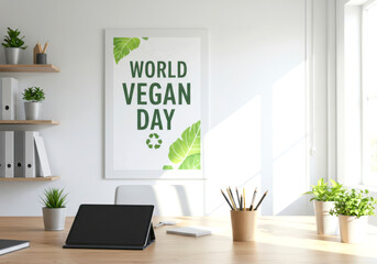 Modern Office with World Vegan Day Poster. Business Workspace Promoting Plant-Based Awareness