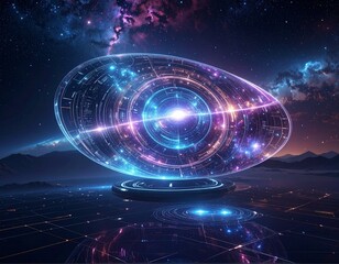 Obraz premium A glowing, futuristic holographic orb displaying intricate cosmic patterns and data streams, suspended above a digital landscape under a starry nebula sky.