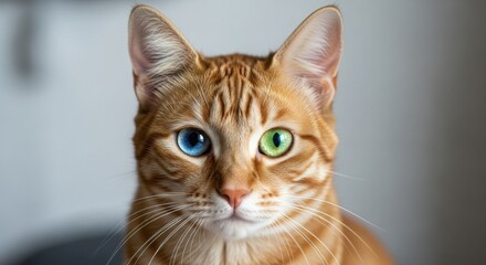 Stunning ginger cat with blue and green eyes staring directly.