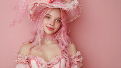Enchanting portrait of a beautiful blue-eyed woman with pink hair wearing a romantic rococo gown and hat.