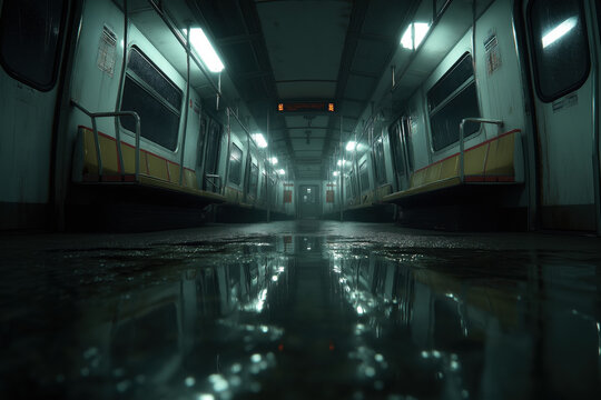 Dim abandoned subway car interior with slick floor reflections and cinematic moody lighting