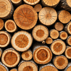 Fototapeta premium Stacked wood logs, textured surface, natural patterns, close up