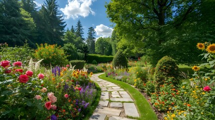 Fototapeta premium Beautiful Flower Garden Path with Stone Walkway in Summer