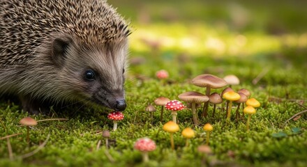 Adorable hedgehog exploring colorful mushrooms on lush green moss in natural forest.
