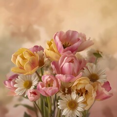 Obraz premium Colorful Bouquet of Tulips and Daisies with Romantic Style
