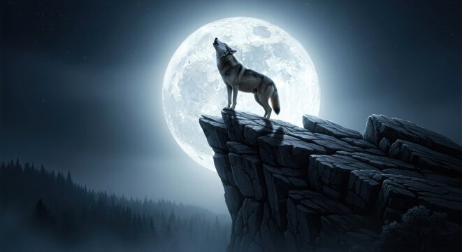 Majestic wolf howling on rocky cliff under bright full moon in starry night sky.