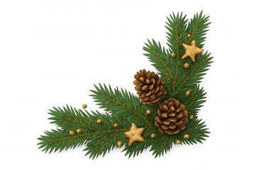 Christmas pine branches corner decoration with pinecones, gold stars, and ornaments on a transparent background
