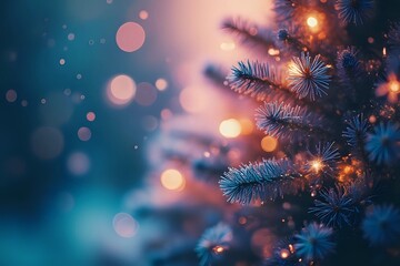 Fototapeta premium Bokeh of Light on Christmas tree. Defocused Light on Christmas tree on blurred background. Blurred Christmas background in blue and pink cinematic style with copy space