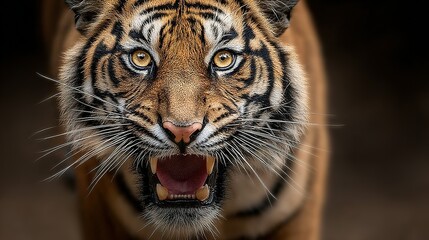 Obraz premium Tiger portrait with open mouth showing teeth and intense eyes.